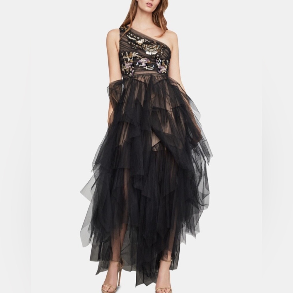 BCBGMaxAzria Black One Shoulder Tulle Dress